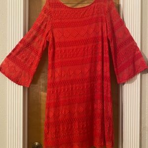 Lace covered dress. Watermelon Orange, Size 14